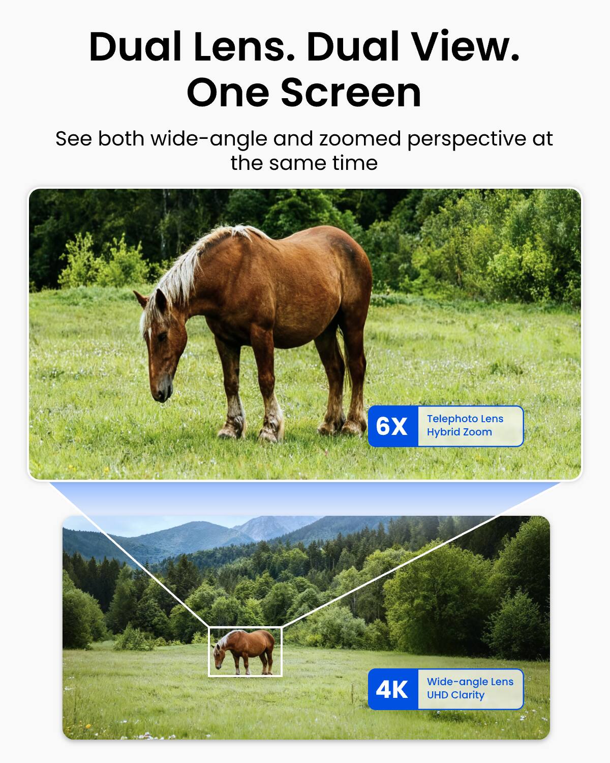 Dual Lens. Dual View. One Screen

See both wide-angle and zoomed perspective at the same time

Telephoto Lens 6X Hybrid Zoom

Wide-angle Lens 4K UHD Clarity