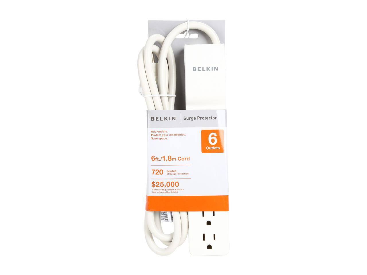 BELKIN Surge Protector  
Add outlets. Protect your electronics. Save space.  
6 Outlets  
6ft./1.8m Cord  
720 Joules of Surge Protection  
$25,000 Connected Equipment Warranty