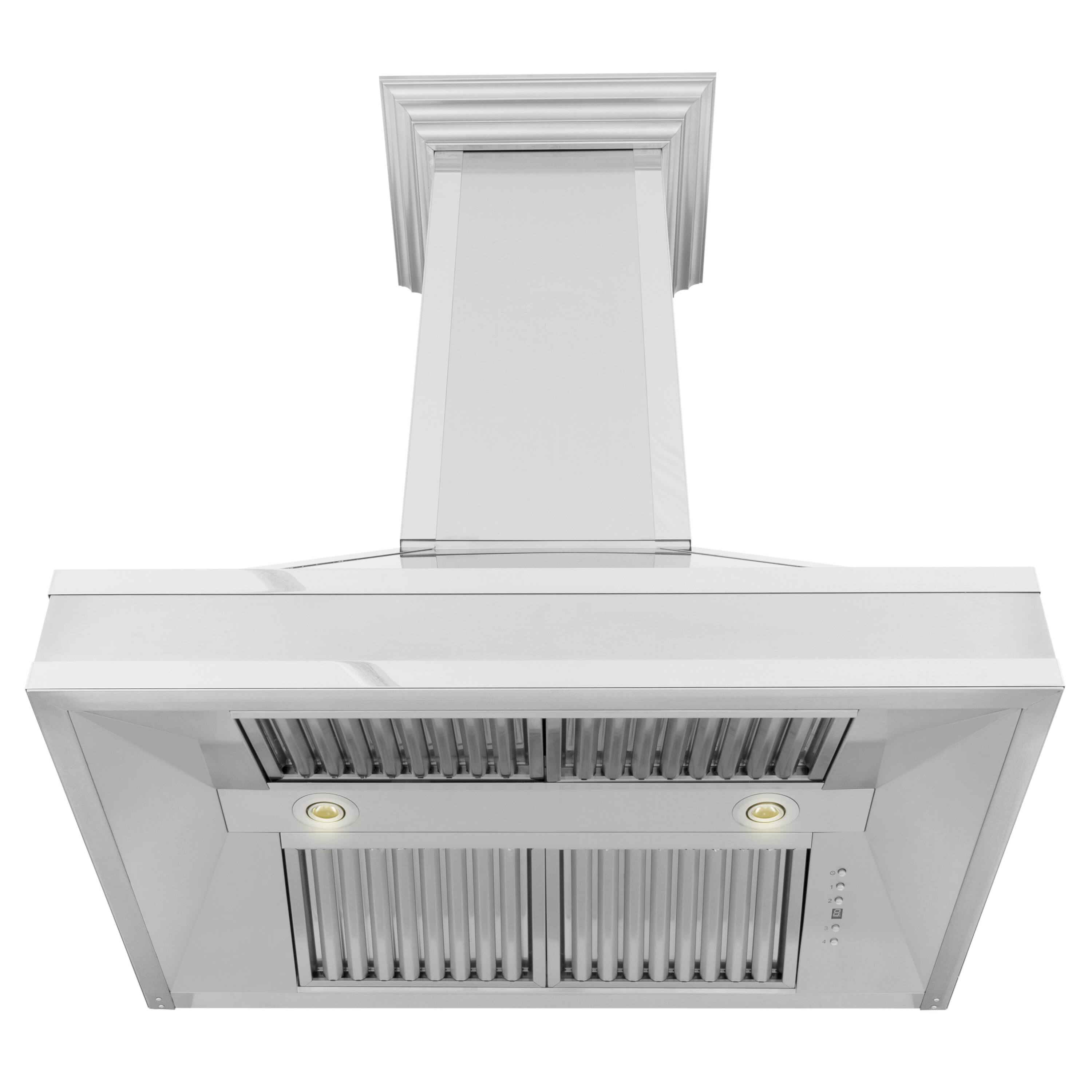 Angle. ZLINE - ZLINE 36 in. Designer Series Ducted Wall Mount Range Hood in Satin Steel with Mirror Accents - Silver.