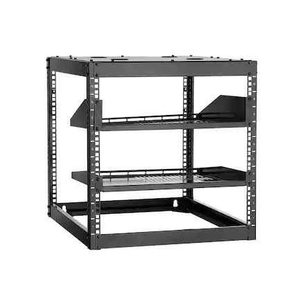 Front. VEVOR - 10U Open Frame Network Rack, 23 in Depth, Wall Mounted or Floor Standing Server Rack, Heavy Duty 4 Post - Black.