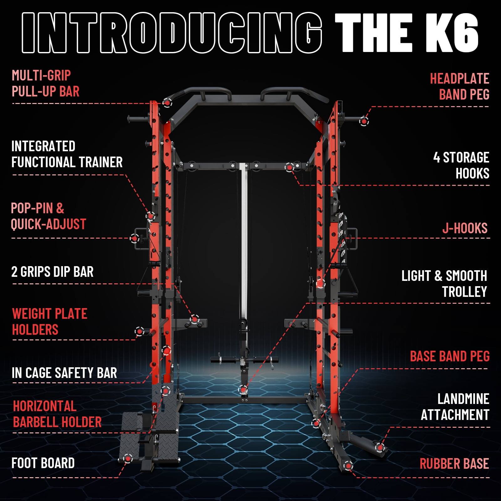 INTRODUCING THE K6
MULTI-GRIP PULL-UP BAR
HEADPLATE BAND PEG
INTEGRATED FUNCTIONAL TRAINER
4 STORAGE HOOKS
POP-PIN & QUICK-ADJUST
J-HOOKS
2 GRIPS DIP BAR
WEIGHT PLATE HOLDERS
LIGHT & SMOOTH TROLLEY
IN CAGE SAFETY BAR
BASE BAND PEG
HORIZONTAL BARBELL HOLDER
LANDMINE ATTACHMENT
FOOT BOARD
RUBBER BASE