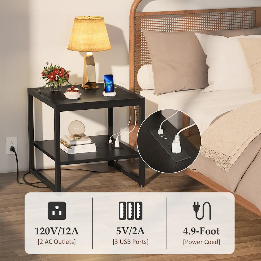 Aheaplus 20'' Wide End Table with Charging Station, 2 Tier Square Mini ...