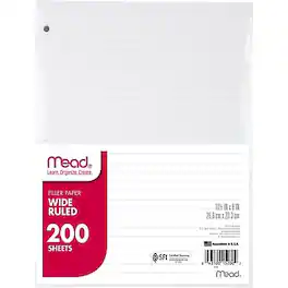 Mead - Wide Ruled Filler Paper, 8" x 10.5", 3-Hole Punched, 200 Sheets/Pack - White