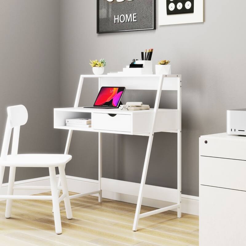 Left. Anysun - 31.5" Computer Desk with Drawer & Storage Shelves, Space-Saving Home Office Desk for Small Spaces - White.
