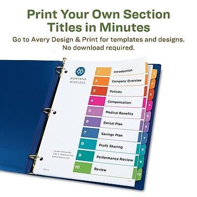 Print Your Own Section Titles in Minutes  
Go to Avery Design & Print for templates and designs. No download required.

1. Introduction  
2. Company Overview  
3. Policies  
4. Compensation  
5. Medical Benefits  
6. Dental Plan  
7. Savings Plan  
8. Profit Sharing  
9. Performance Review  
10. Review