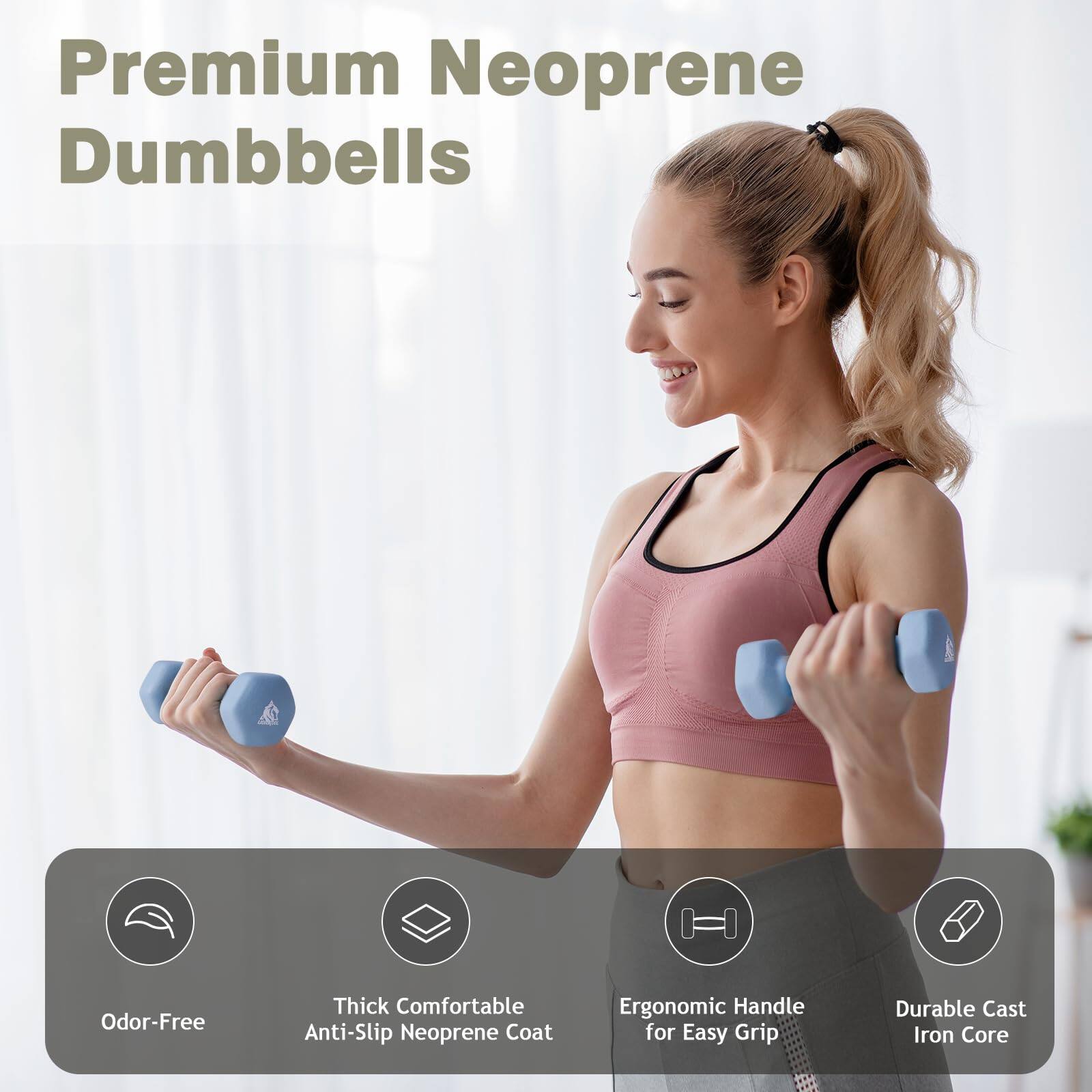 Premium Neoprene Dumbbells

- Odor-Free
- Thick Comfortable Anti-Slip Neoprene Coat
- Ergonomic Handle for Easy Grip
- Durable Cast Iron Core