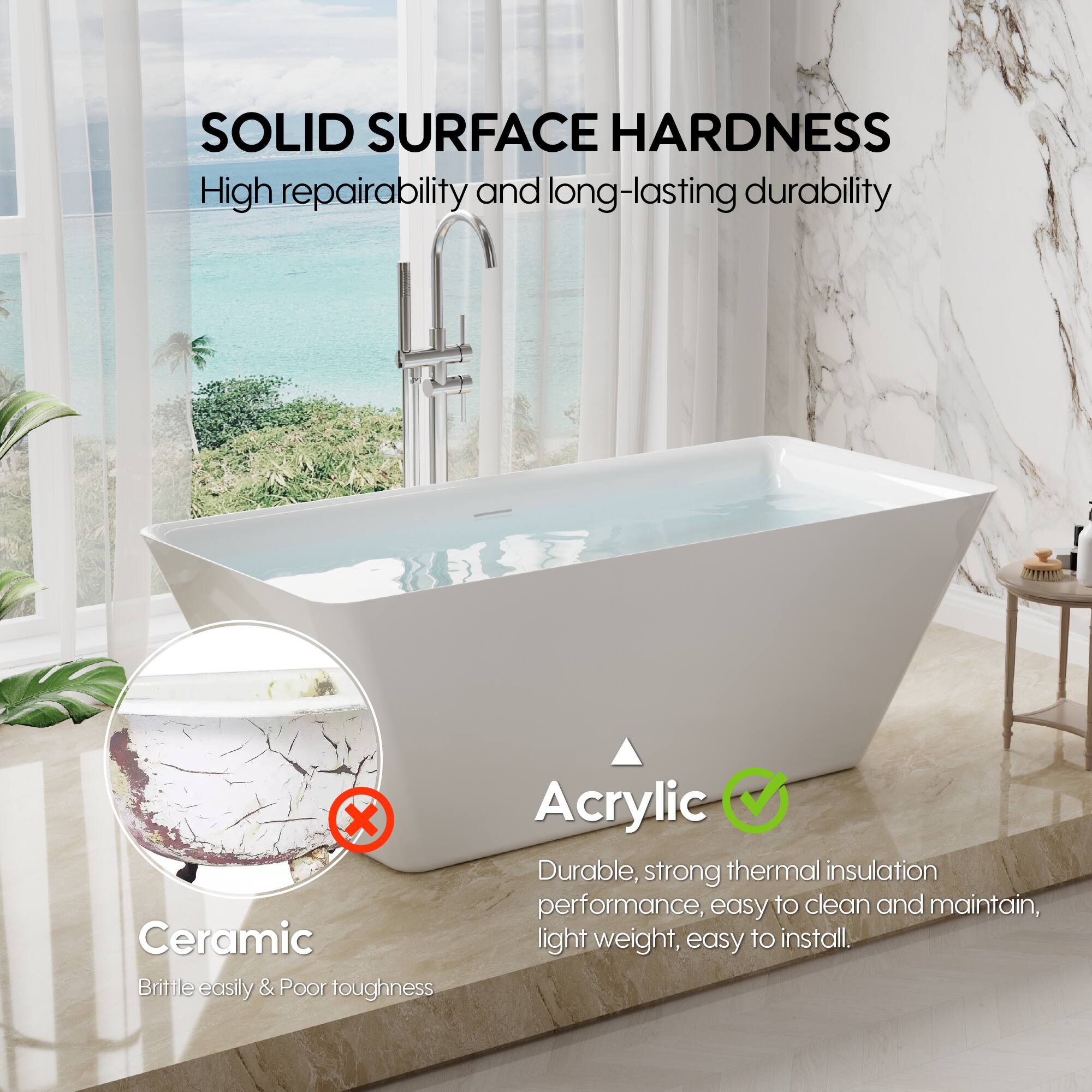 SOLID SURFACE HARDNESS  
High repairability and long-lasting durability  

Ceramic  
Brittle easily & Poor toughness  

Acrylic  
Durable, strong thermal insulation performance, easy to clean and maintain, light weight, easy to install.