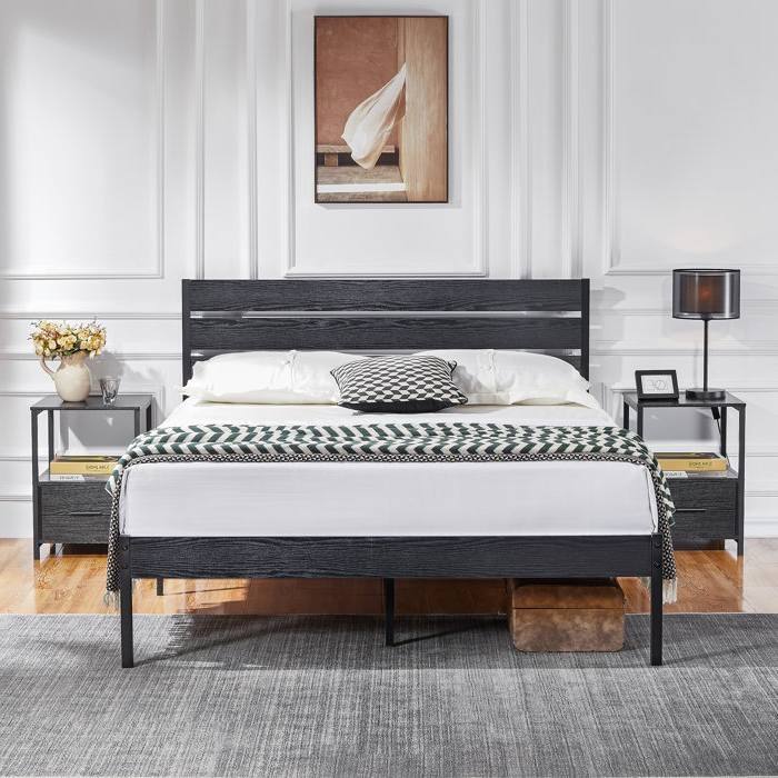 Angle. Hivvago - Hivvago Queen size Industrial Platform Bed Frame with Wood Slatted Headboard - Black.