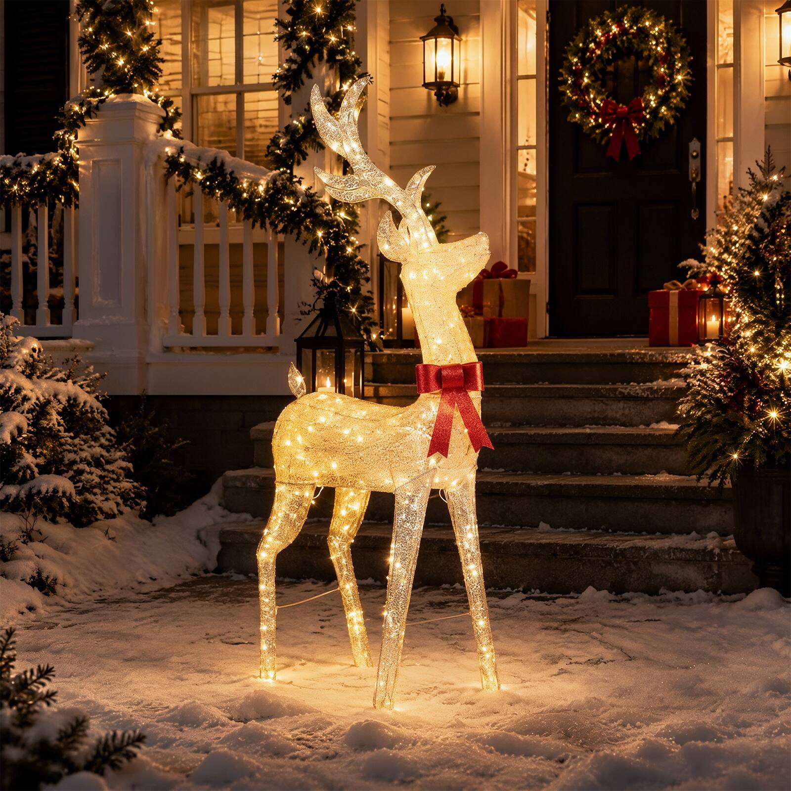 Alt View 3. Costway - Costway Lighted Golden Christmas Reindeer with 130 Warm Yellow LED Lights, 4 Ground Stakes - Gold + Red.