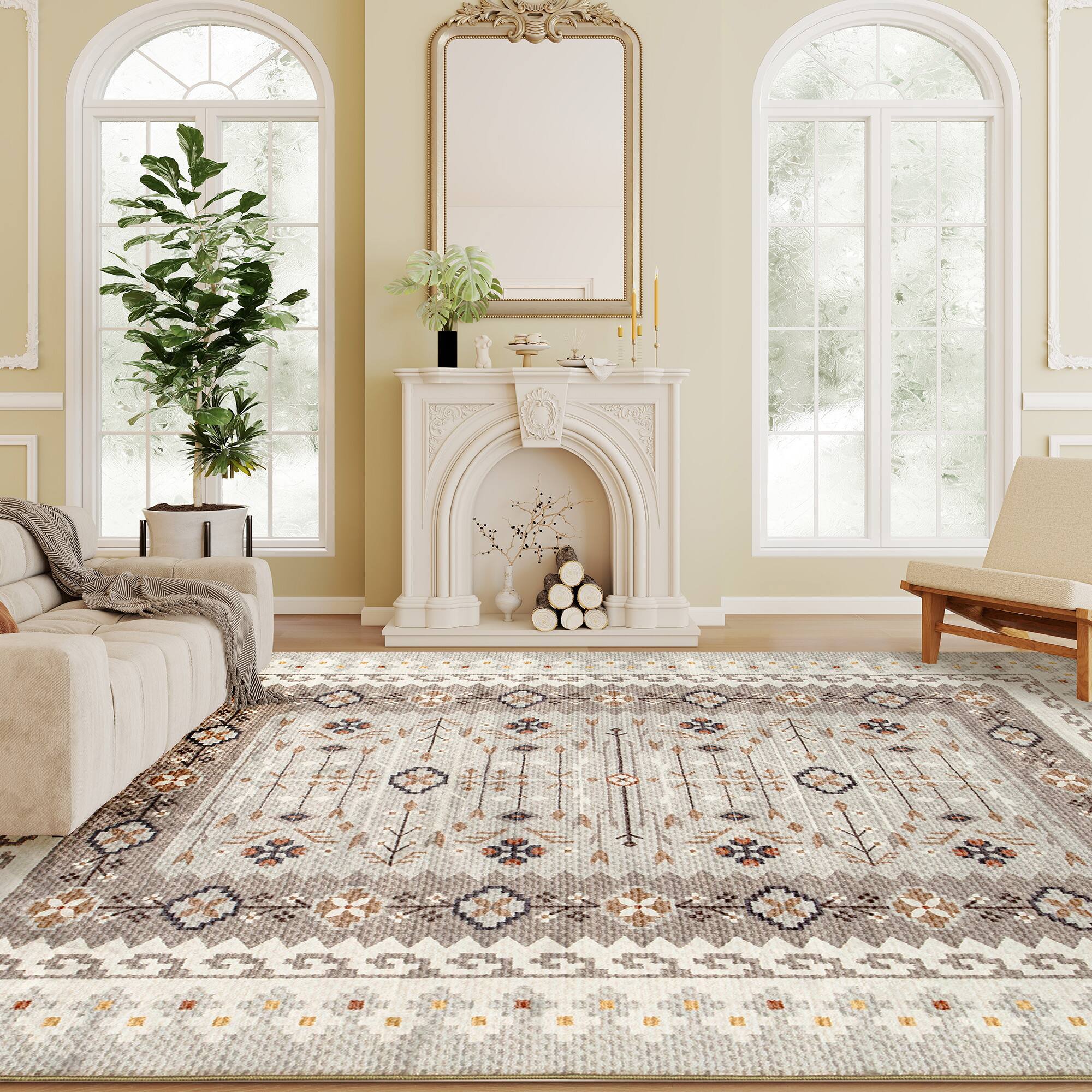 Alt View 1. Homcom - Area Rug 4x6, Machine Washable Non-Slip Boho Floral Print Floor Cover - Brown.