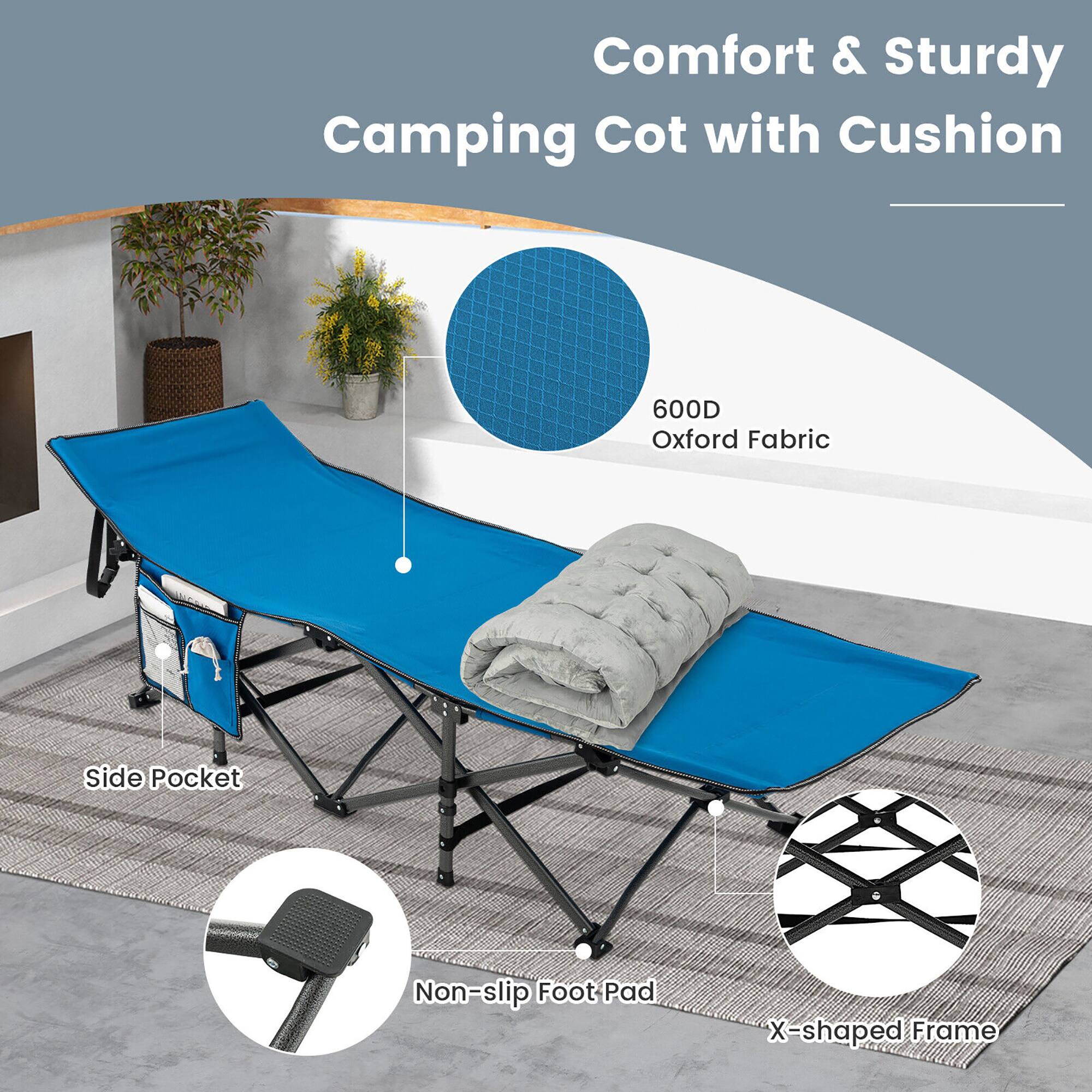 Comfort & Sturdy Camping Cot with Cushion

- 600D Oxford Fabric
- Side Pocket
- Non-slip Foot Pad
- X-shaped Frame
