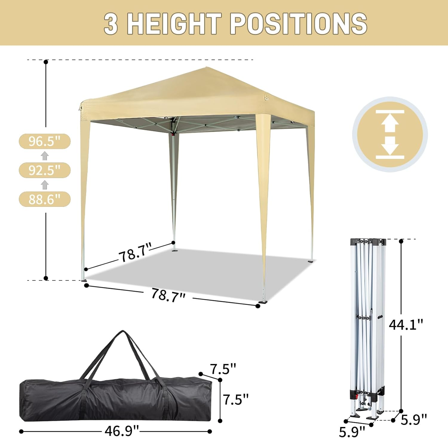 3 HEIGHT POSITIONS

96.5"  
92.5"  
88.6"  
78.7"  
78.7"  
44.1"  
7.5"  
46.9"  
7.5"  
5.9"  
5.9"