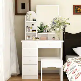 Famapy - Vanity Table with Stool: Organized Beauty Station for Your Daily Routine - White