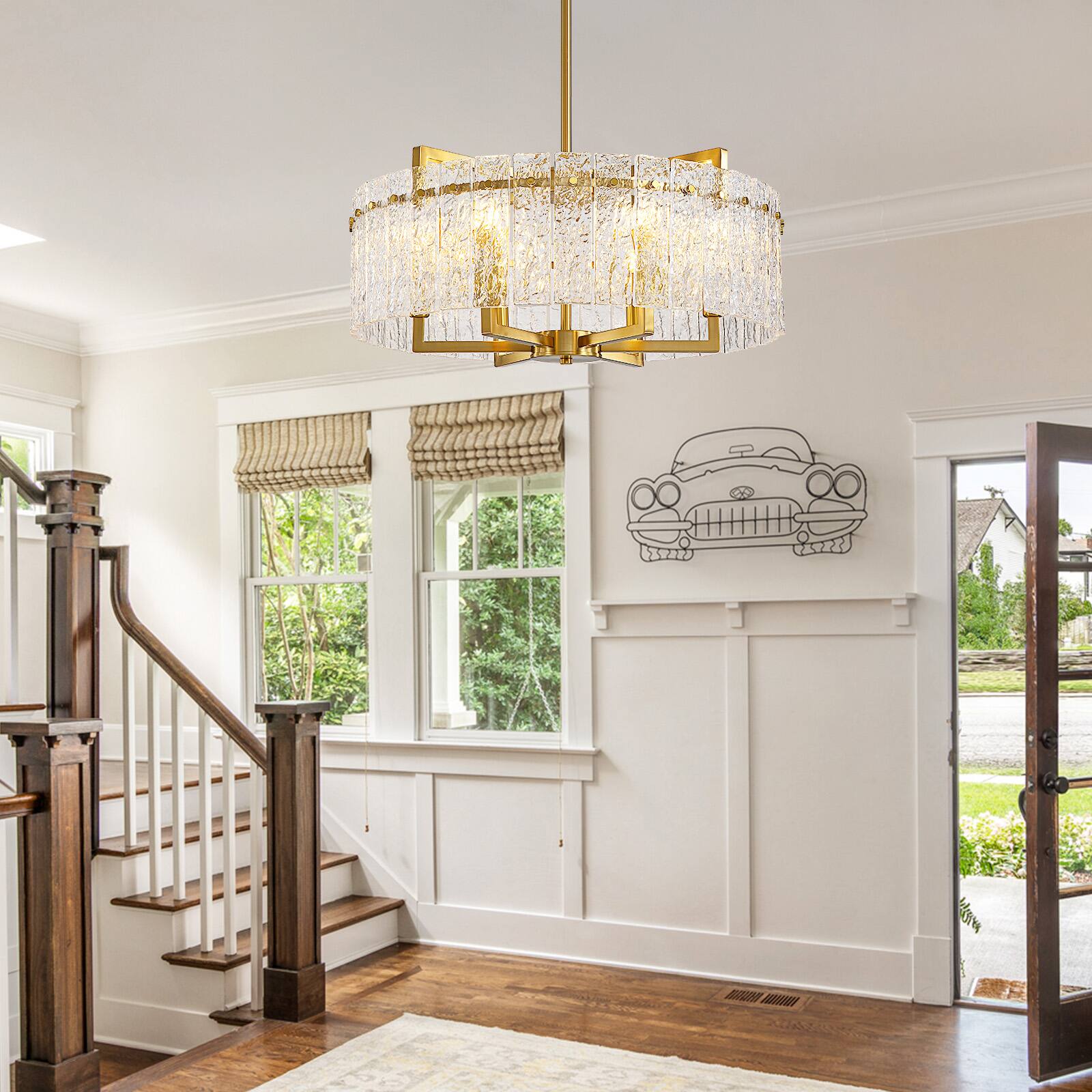 Back. Siljoy - 26 Inch Luxury 6-Light Cracked Glass Crystal Chandelier Height Adjustable Suitable for Dining Room Kitchen and Foyer - Gold.