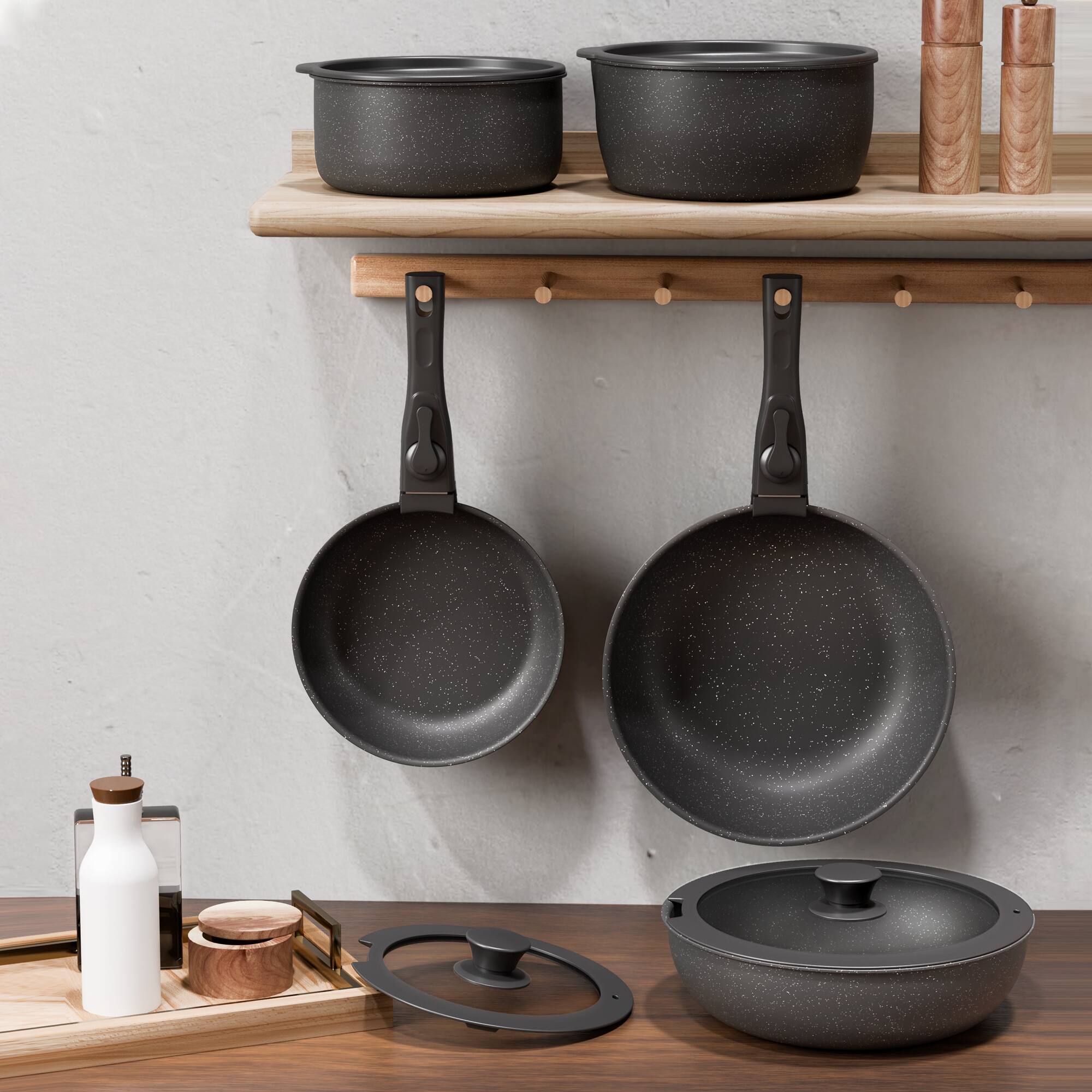 Angle. Sugift - 18-Piece Non-Stick Cookware Set with Silicone Tools - Black.