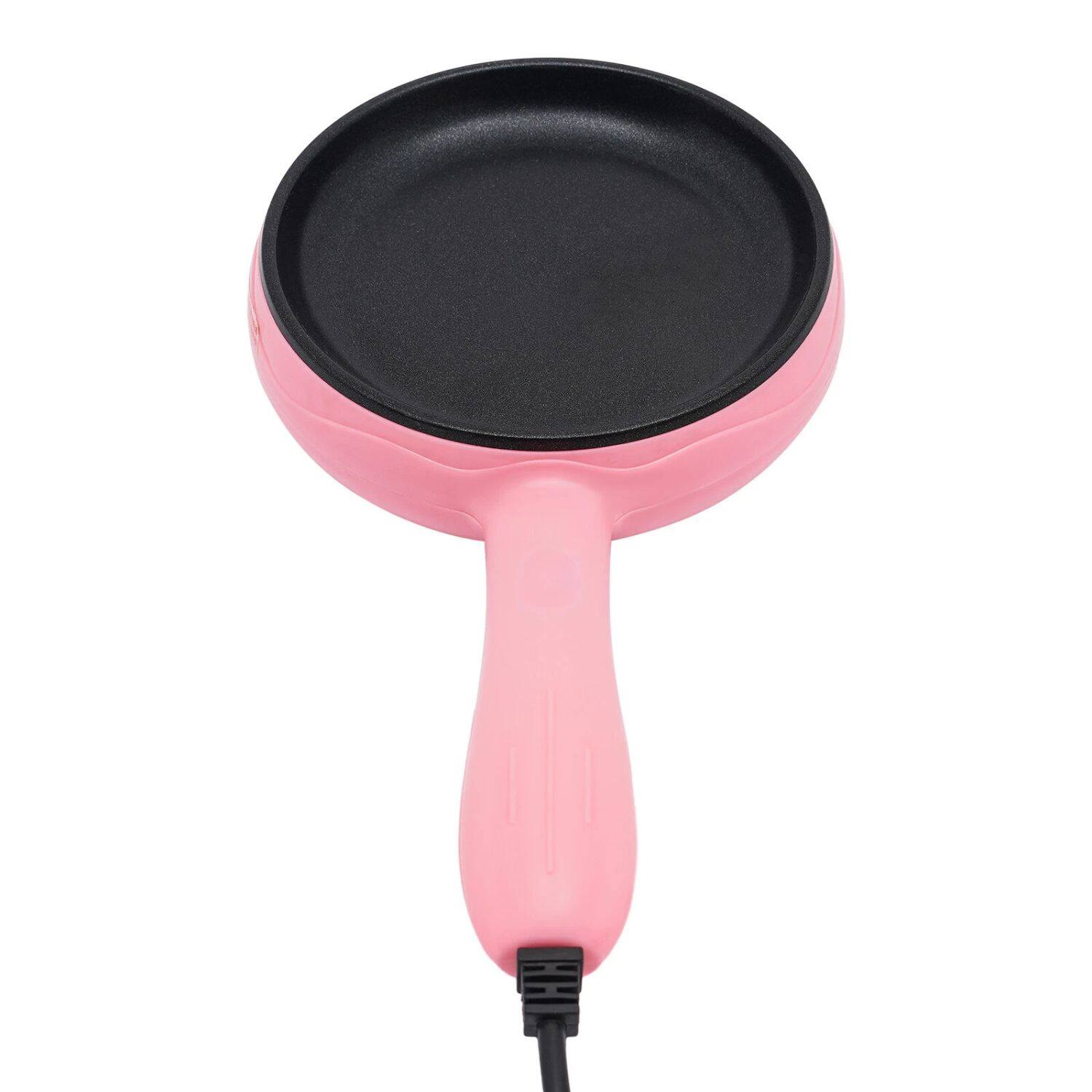 Back. Home Collection - 450W Round Mini Electric Skillet – Pink Non-Stick Frying Pan with Wooden Spatula, Compact Countertop Cooker - Pink.