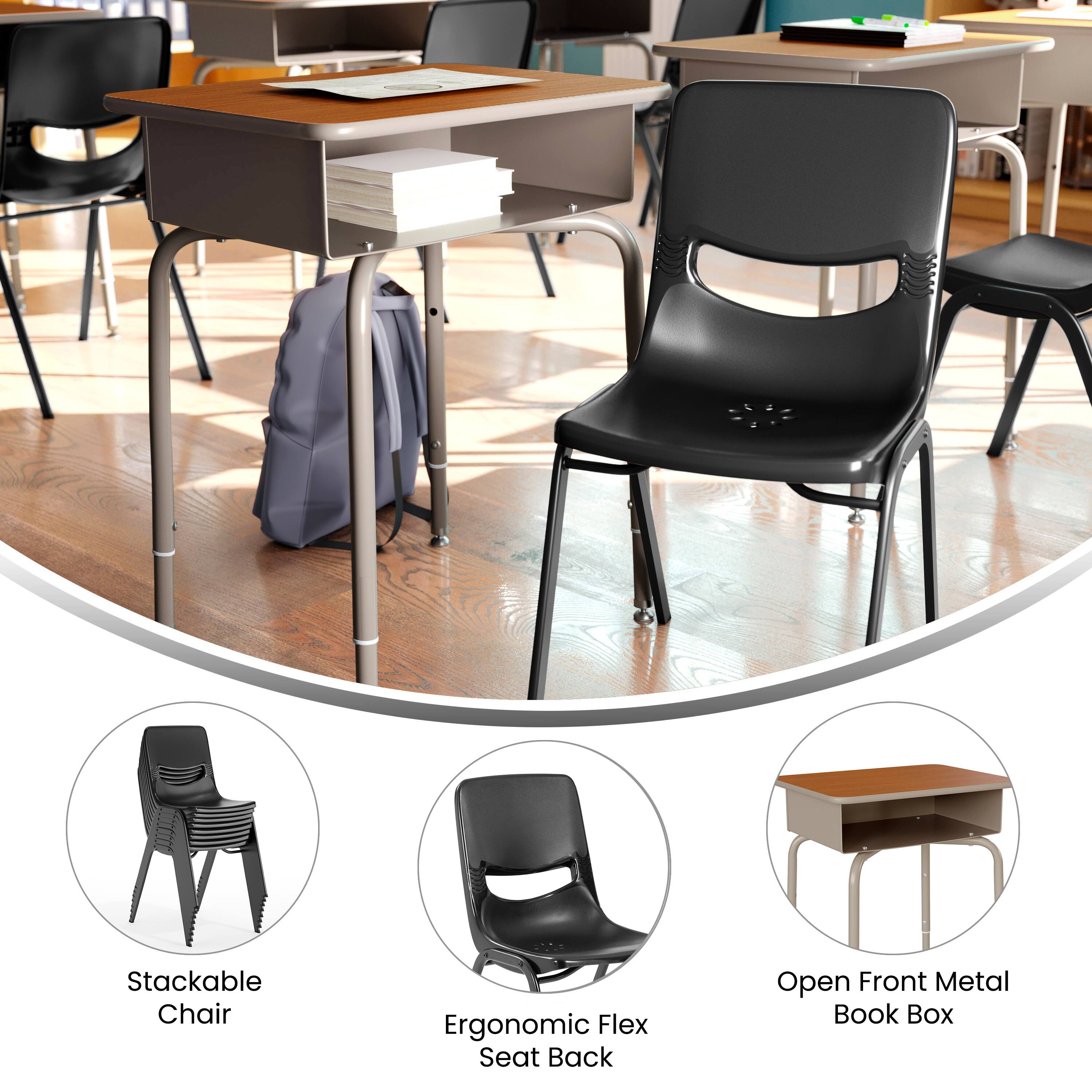 Stackable Chair  
Ergonomic Flex Seat Back  
Open Front Metal Book Box