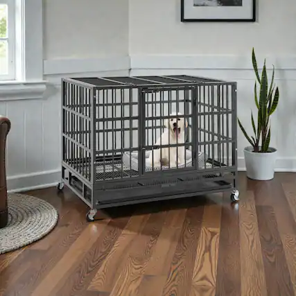 Front. Hivvago - Lockable Wheeled Metal Dog Crate with Foldable Feature and Tray - 38 Inches.