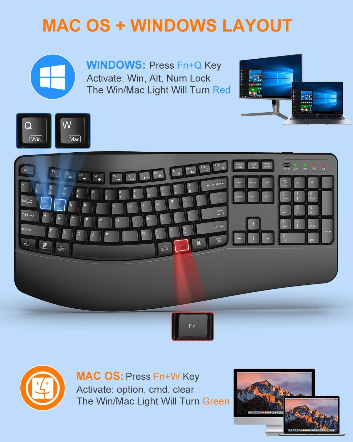 MAC OS + WINDOWS LAYOUT

WINDOWS: Press Fn+Q Key  
Activate: Win, Alt, Num Lock  
The Win/Mac Light Will Turn Red

MAC OS: Press Fn+W Key  
Activate: option, cmd, clear  
The Win/Mac Light Will Turn Green