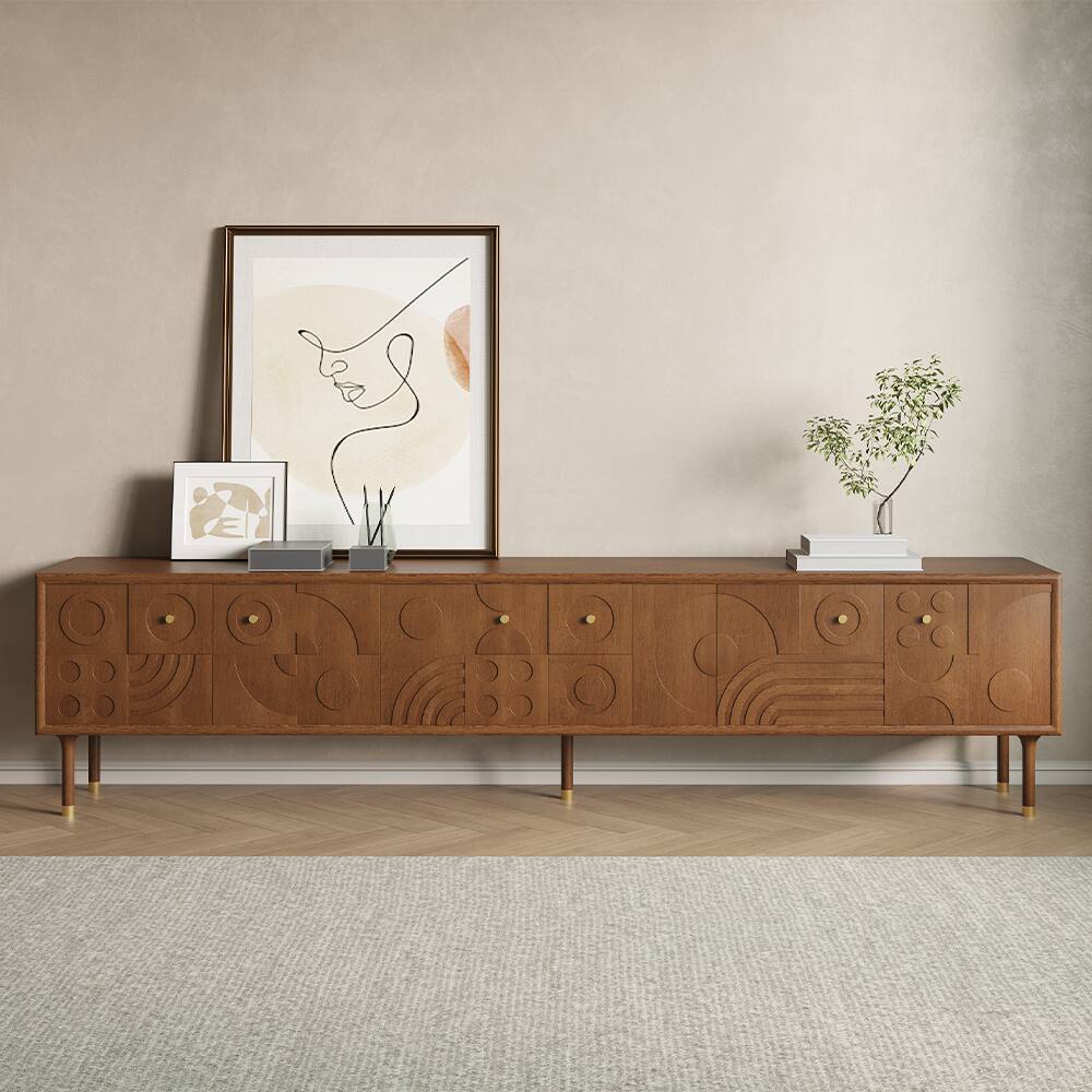 Angle. POVISON - 94.49"Mid-Century Modern TV Stand, Wood Media Console with Cabinets, Tall-Cast Legs - Walnut Color.