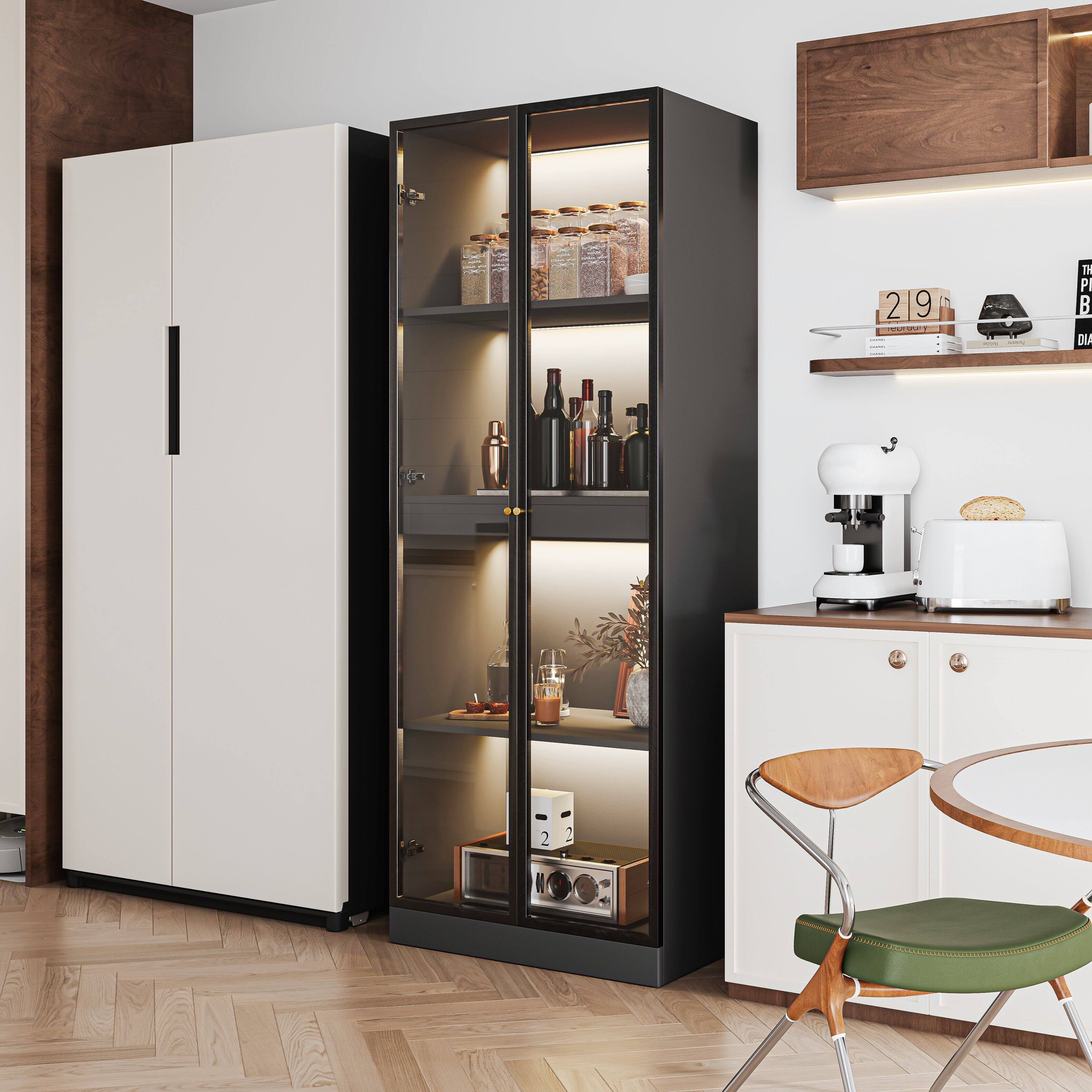 Alt View 2. MSOOB - 23.6" Glass Display China Cabinet With Pull-Out Bar Shelf, Dining Cabinet With Glass Doors and Wireless LED Light - black.