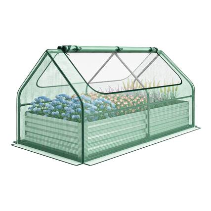 Front. Gymax - Gymax Galvanized Steel Raised Garden Bed Metal Planter Box Kit w/ Mini Greenhouse Cover - Green, Silver.