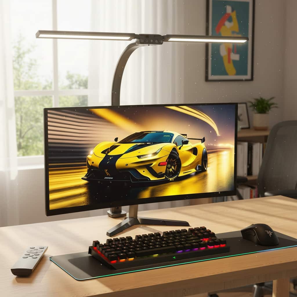 Dazzed Corner - LED Desk Lamp with RGB, Remote, Dual Head, Rotatable Clamp, Dimmable 22W