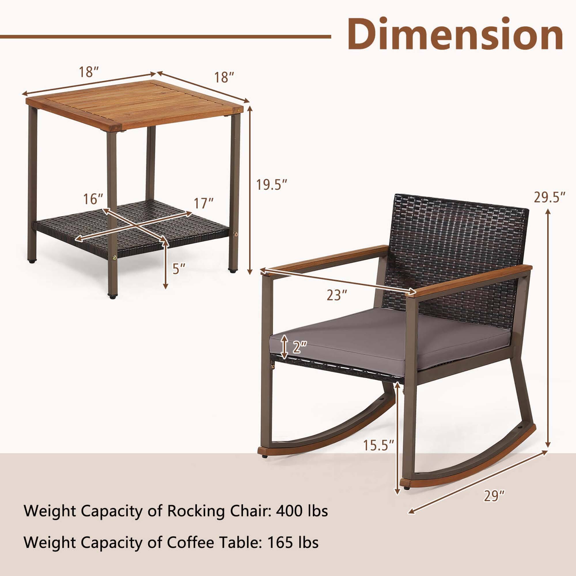 Dimension: 18" 18" 16" 17" 19.5" 29.5" 5" 23" 15.5"
Weight Capacity of Rocking Chair: 400 lbs
Weight Capacity of Coffee Table: 165 lbs