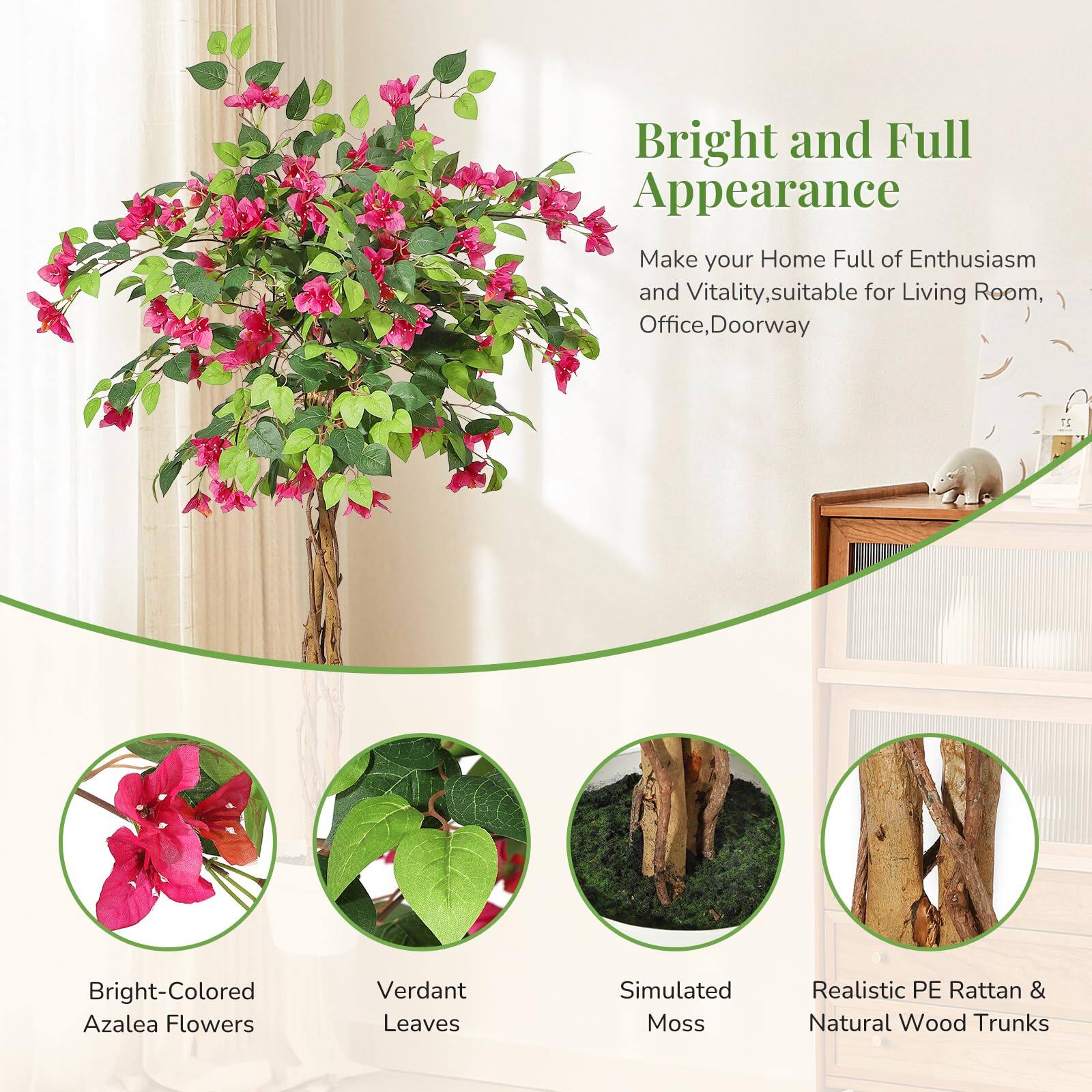 Bright and Full Appearance  
Make your Home Full of Enthusiasm and Vitality, suitable for Living Room, Office, Doorway  

16 Bright-Colored Azalea Flowers  
Verdant Leaves  
Simulated Moss  
Realistic PE Rattan & Natural Wood Trunks