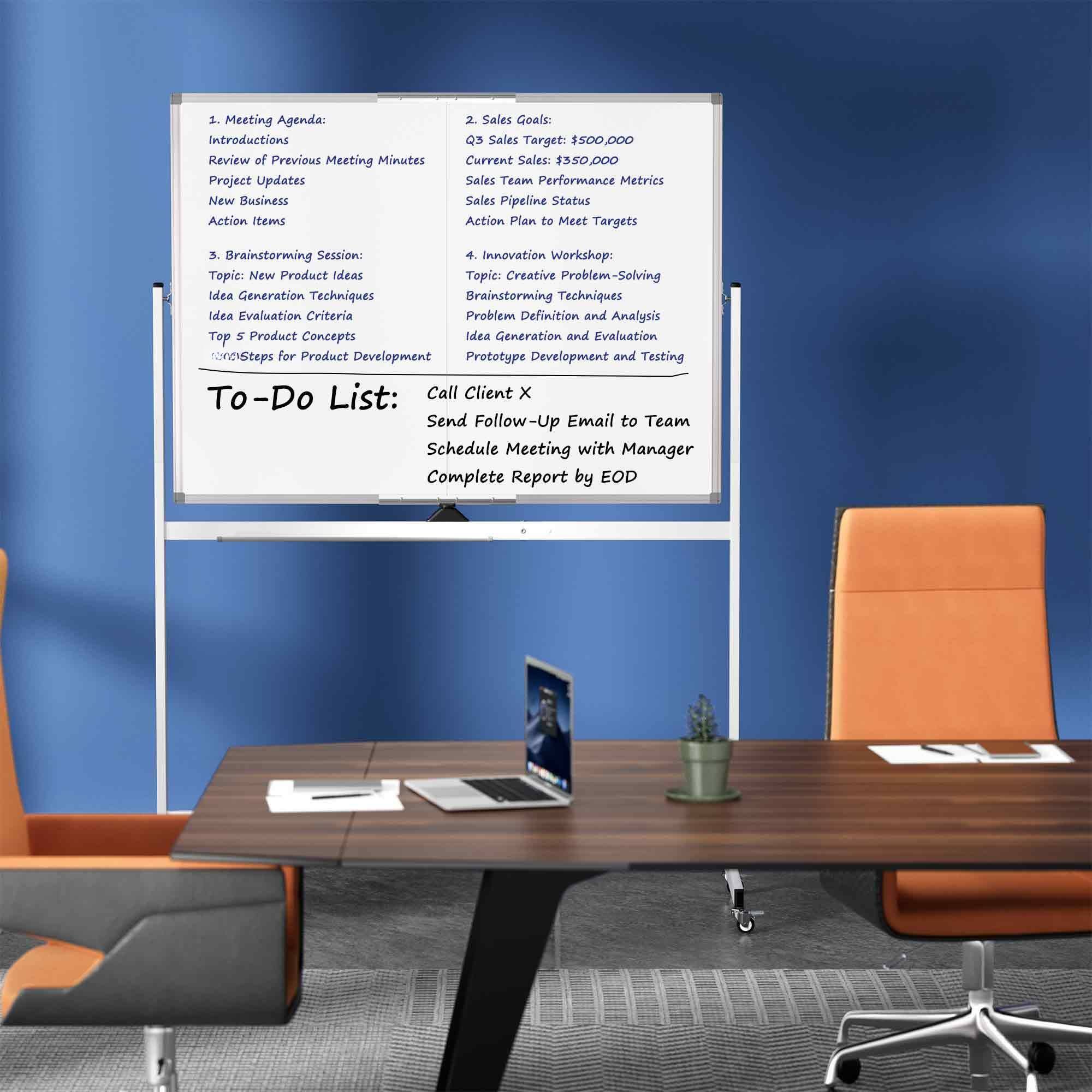 **Meeting Agenda:**
1. Introductions
2. Review of Previous Meeting Minutes
3. Project Updates
4. New Business
5. Action Items

**Sales Goals:**
- Q3 Sales Target: $500,000
- Current Sales: $350,000
- Sales Team Performance Metrics
- Sales Pipeline Status
- Action Plan to Meet Targets

**Brainstorming Session:**
- Topic: New Product Ideas
- Idea Generation Techniques
- Idea Evaluation Criteria
- Top 5 Product Concepts
- Steps for Product Development

**Innovation Workshop:**
- Topic: Creative Problem-Solving
- Brainstorming Techniques
- Problem Definition and Analysis
- Idea Generation and Evaluation
- Prototype Development and Testing

**To-Do List:**
- Call Client X
- Send Follow-Up Email to Team
- Schedule Meeting with Manager
- Complete Report by EOD