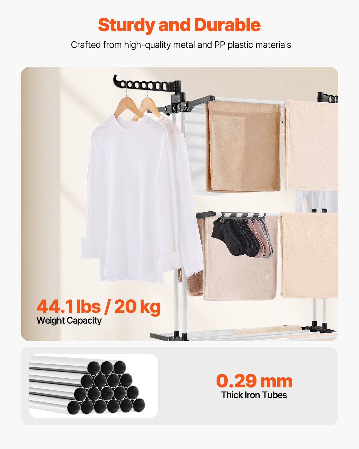 Sturdy and Durable: Crafted from high-quality metal and PP plastic materials. 

44.1 lbs / 20 kg Weight Capacity

0.29 mm Thick Iron Tubes