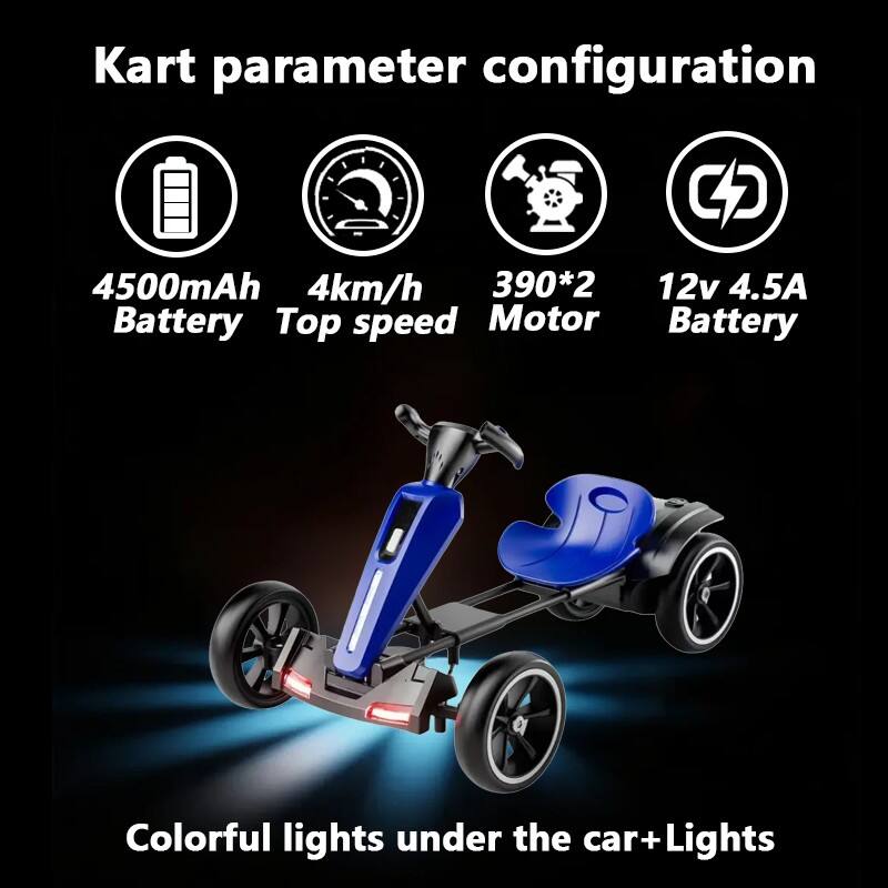 Kart parameter configuration

- 4500mAh Battery
- 4km/h Top speed
- 390*2 Motor
- 12v 4.5A Battery

Colorful lights under the car + Lights