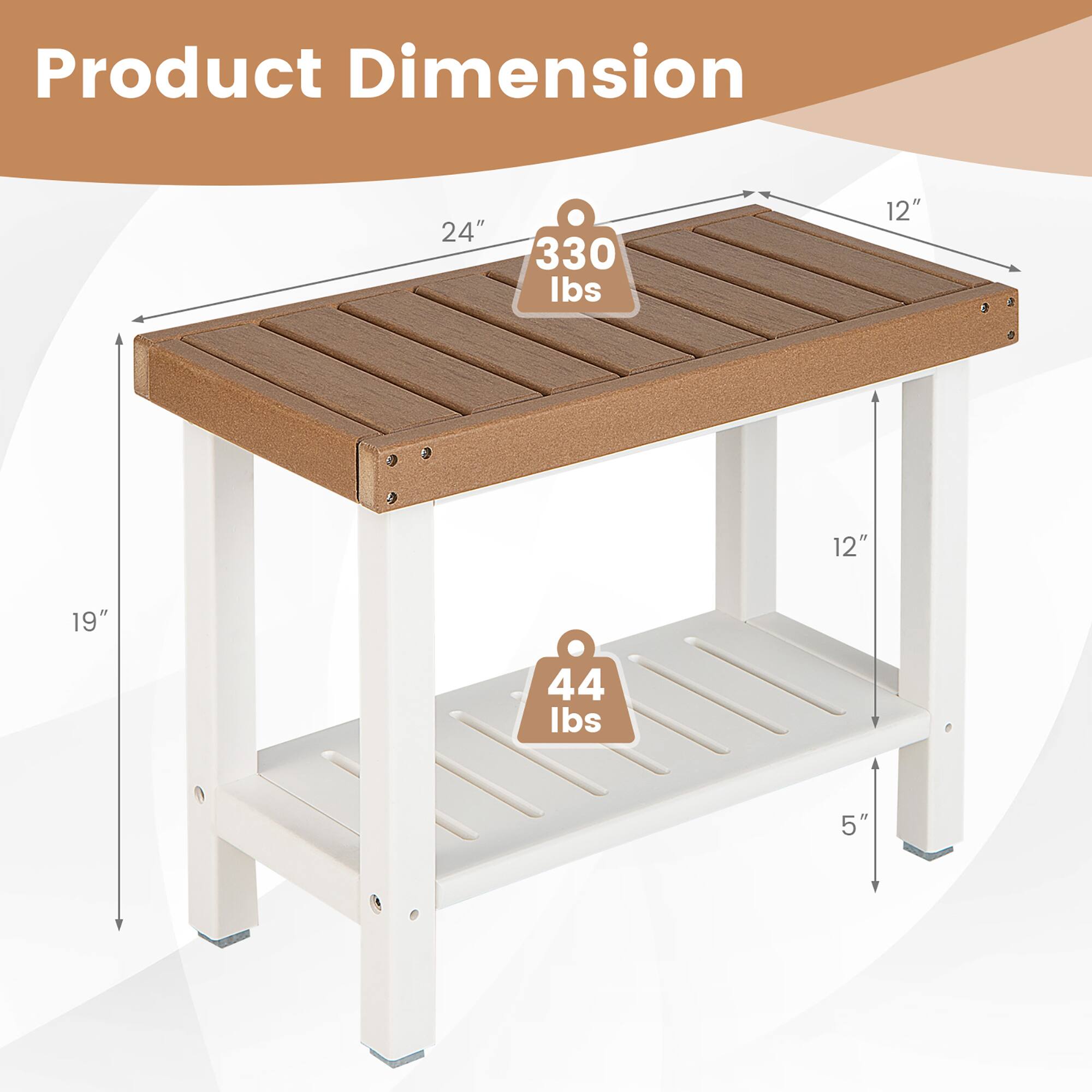 Product Dimension: 24" x 330 lbs, 12" x 12" x 19" x 44 lbs, 5"