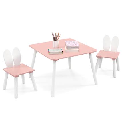 Front. Gymax - Gymax 3 Pieces Kids Table & Chairs Set Children Wooden Furniture Set w/ Solid Wood Legs Pink - Pink.