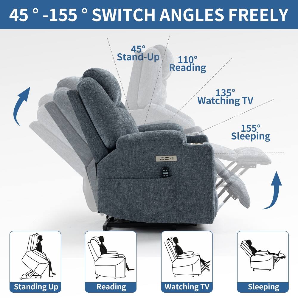 45° -155° SWITCH ANGLES FREELY

45° Stand-Up
110° Reading
135° Watching TV
155° Sleeping

Standing Up
Reading
Watching TV
Sleeping