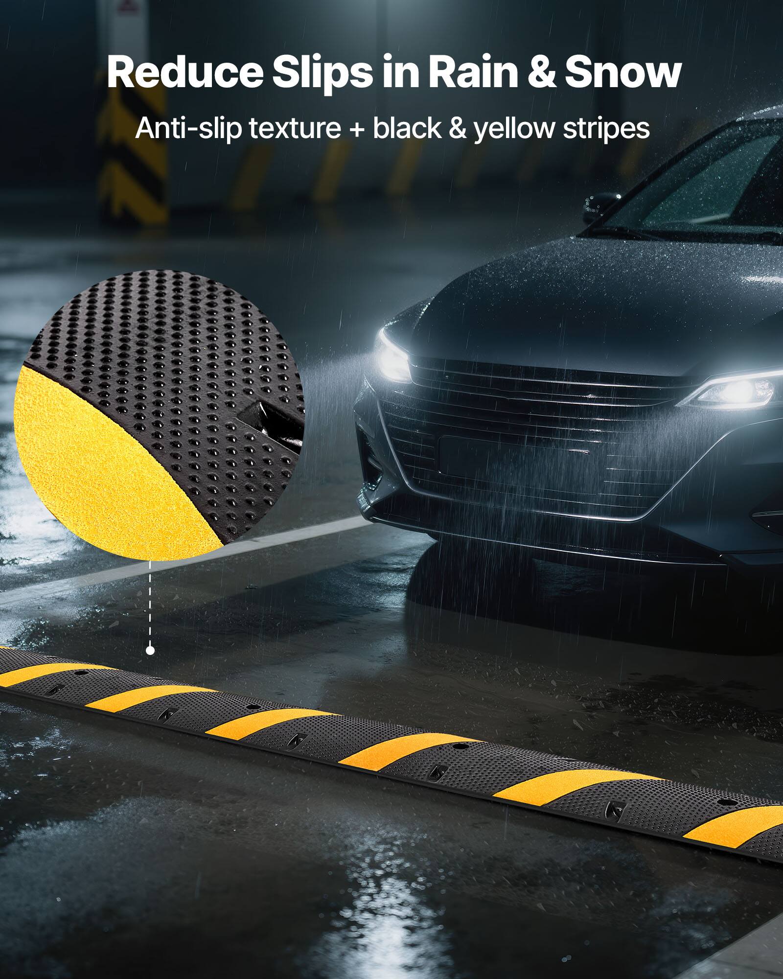 Reduce Slips in Rain & Snow  
Anti-slip texture + black & yellow stripes