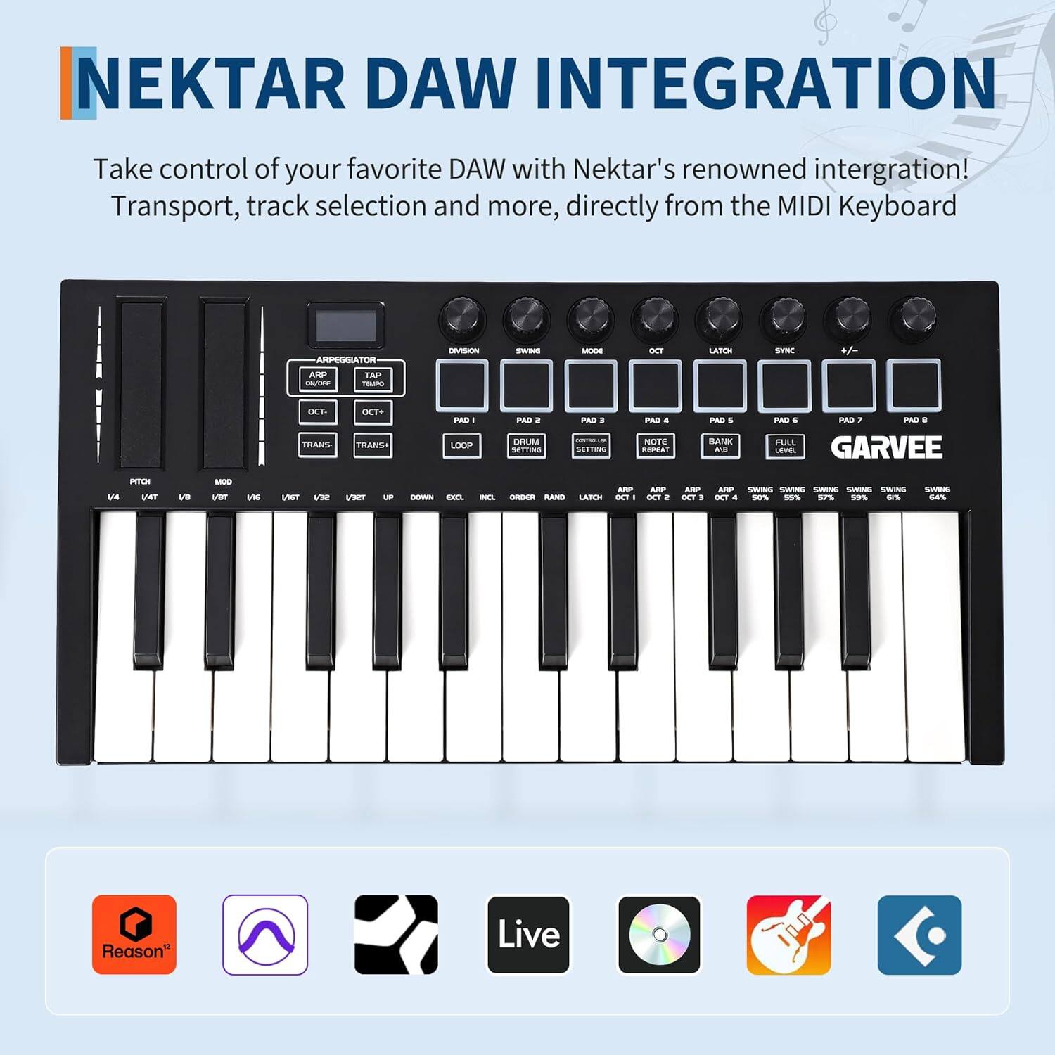 NEKTAR DAW INTEGRATION

Take control of your favorite DAW with Nektar's renowned integration! Transport, track selection and more, directly from the MIDI Keyboard

- Reason
- Live