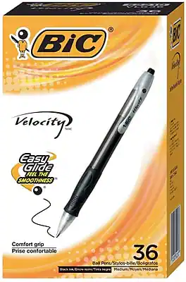 BiC Velocity
Easy Glide
Feel the Smoothness
Comfort Grip
Prise confortable
36 Ball Pens/Stylos-bille/Bolígrafos
Medium/Moyen/Medián