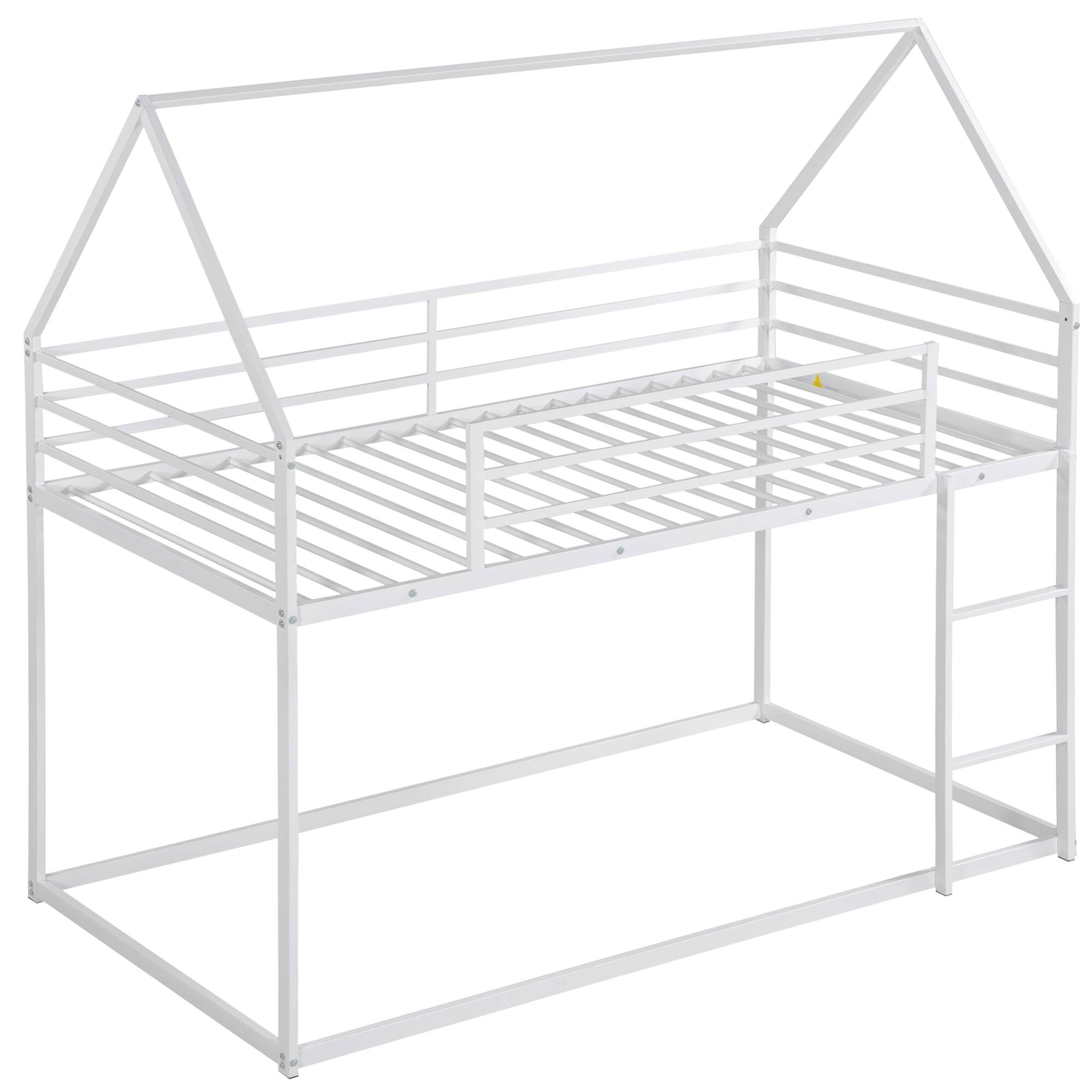 Alt View 6. GOODSILO - Space-Saving Twin Over Twin Metal Bunk Bed with Built-In Ladder and Playhouse Design - White.