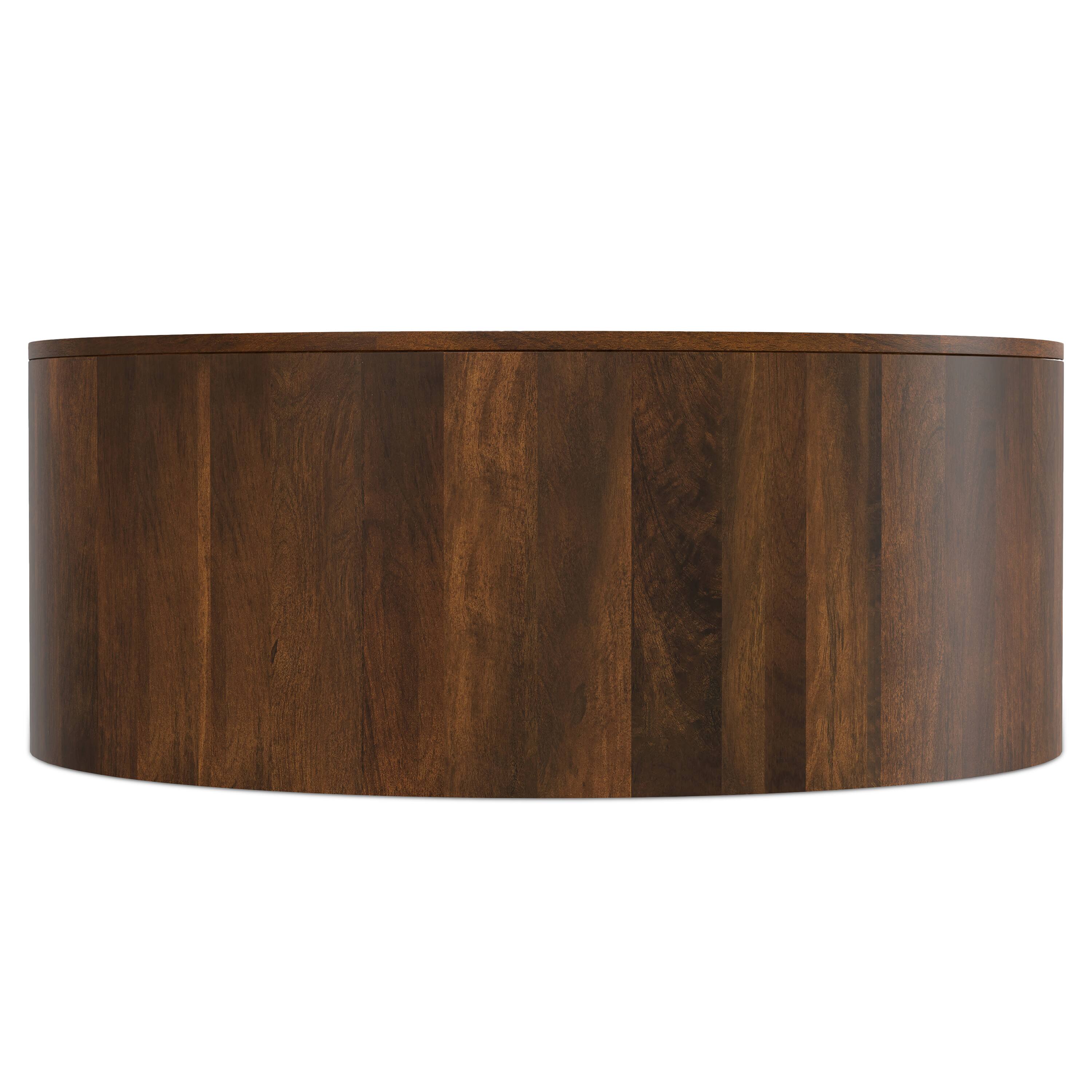 Left. Simpli Home - Millbury SOLID MANGO WOOD 36 inch Wide Round Contemporary Drum Coffee Table in Walnut Brown, Fully Assembled - Walnut Brown.
