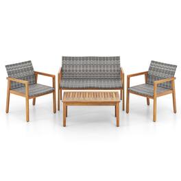 Costway - 4 PCS Outdoor Furniture Set, Acacia Wood Frame Sofa Set with Rattan Seat - Gray
