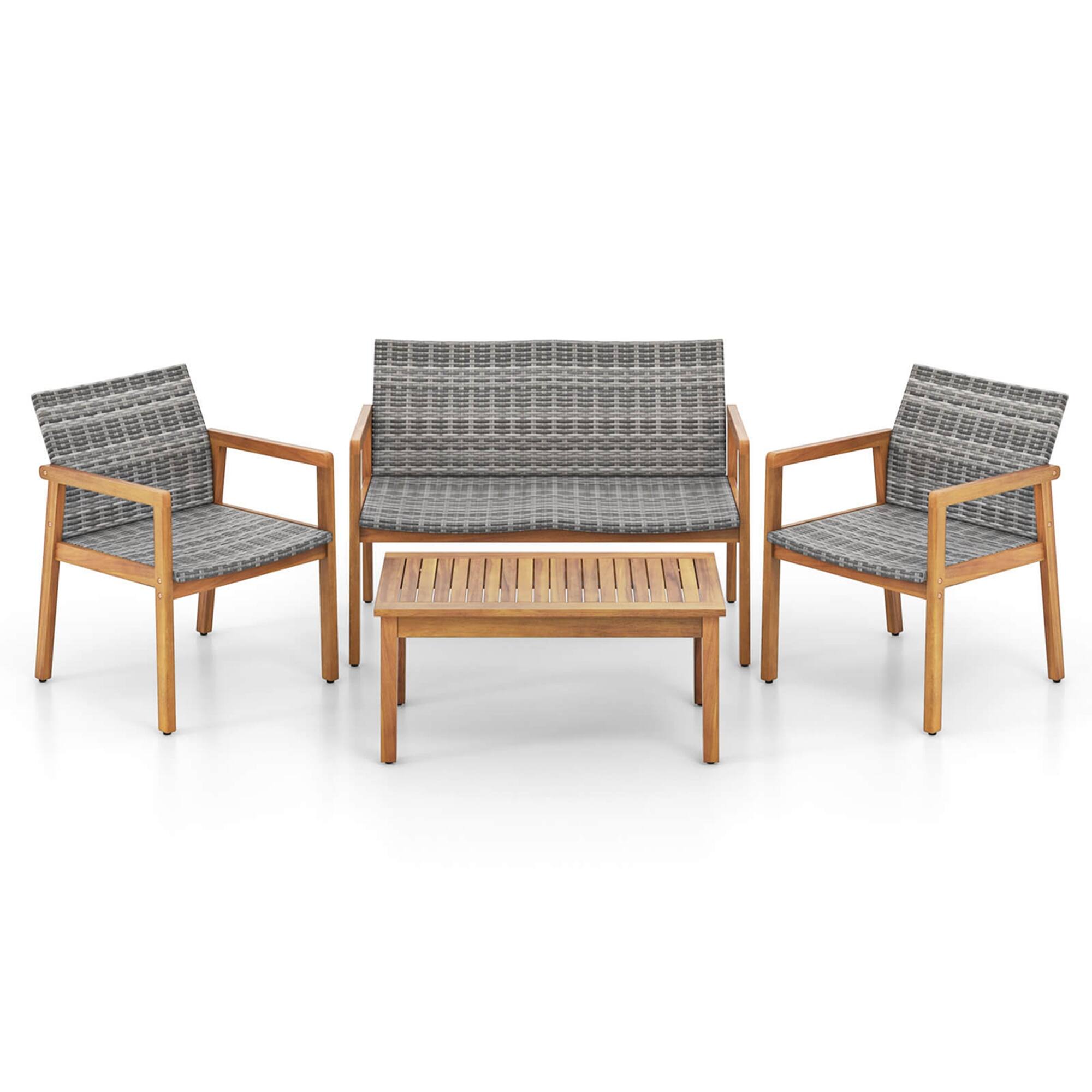 Front. Costway - Costway 4 PCS Outdoor Furniture Set, Acacia Wood Frame Sofa Set with Rattan Seat - Gray.