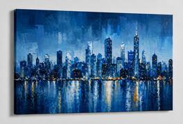 FC Design - Large Canvas 24x36" Blue Cityscape Night Reflection Urban Art Painting Home Wall Décor - MultiColor