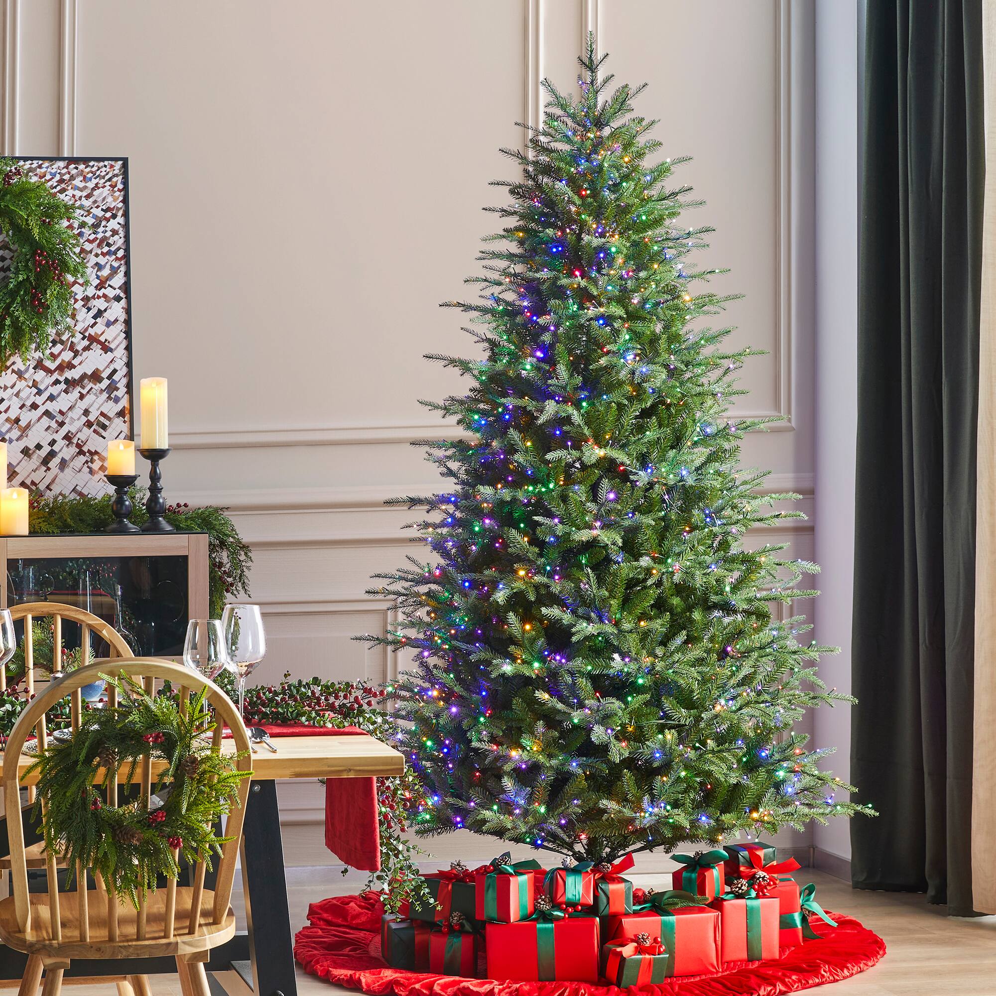 Left. Glitzhome - 7.5ft Pre-Lit Full Fir Artificial Christmas Tree with 1800 Chasing and Twinkling Lights - Green.