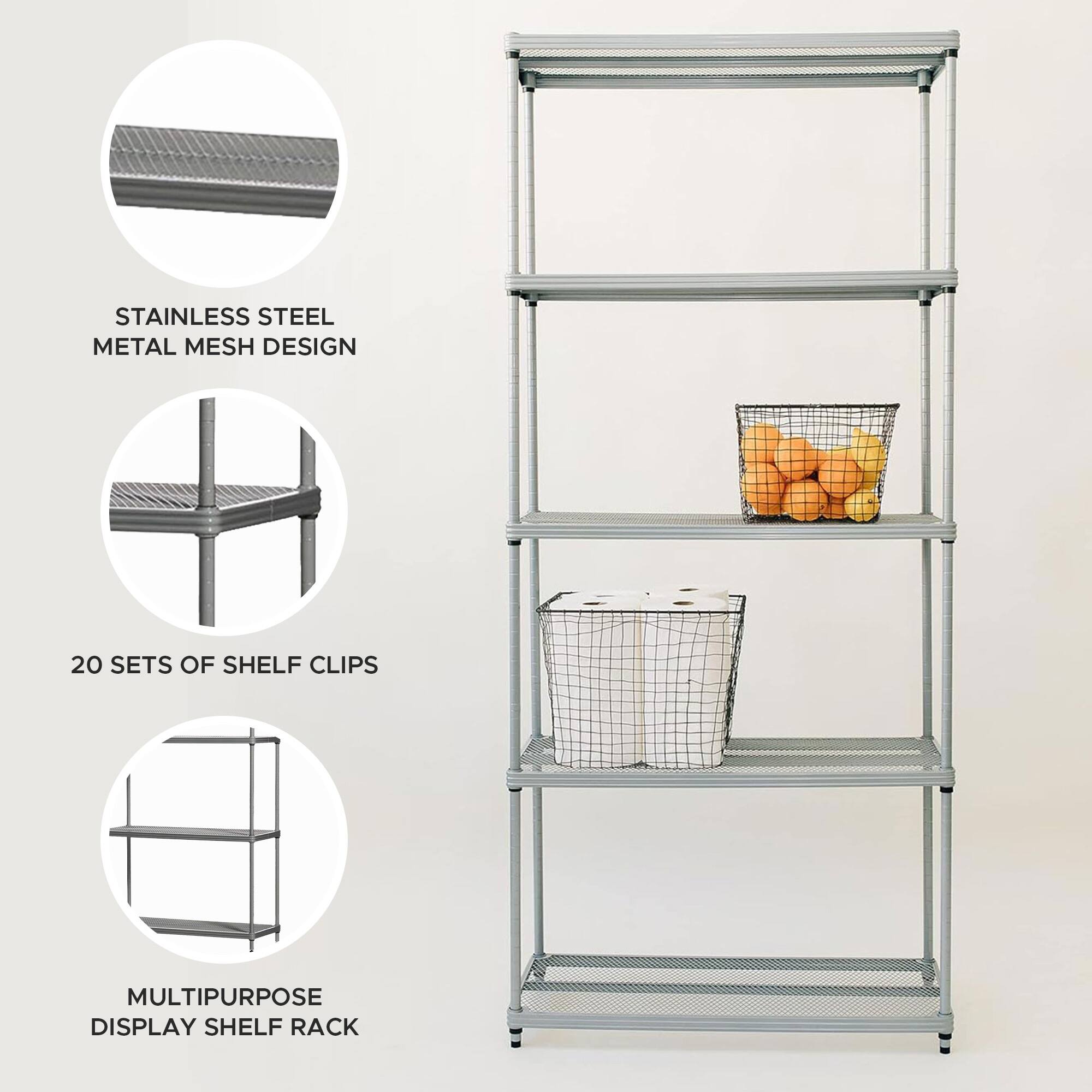 STAINLESS STEEL METAL MESH DESIGN  
20 SETS OF SHELF CLIPS  
MULTIPURPOSE DISPLAY SHELF RACK