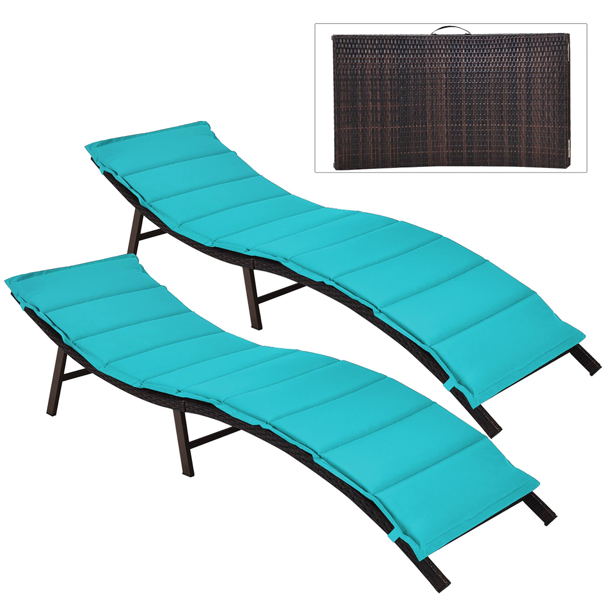 Front. Costway - 2PCS Patio Rattan Folding Lounge Chair Stackable Double Sided Cushion Outdoor - Turquoise.