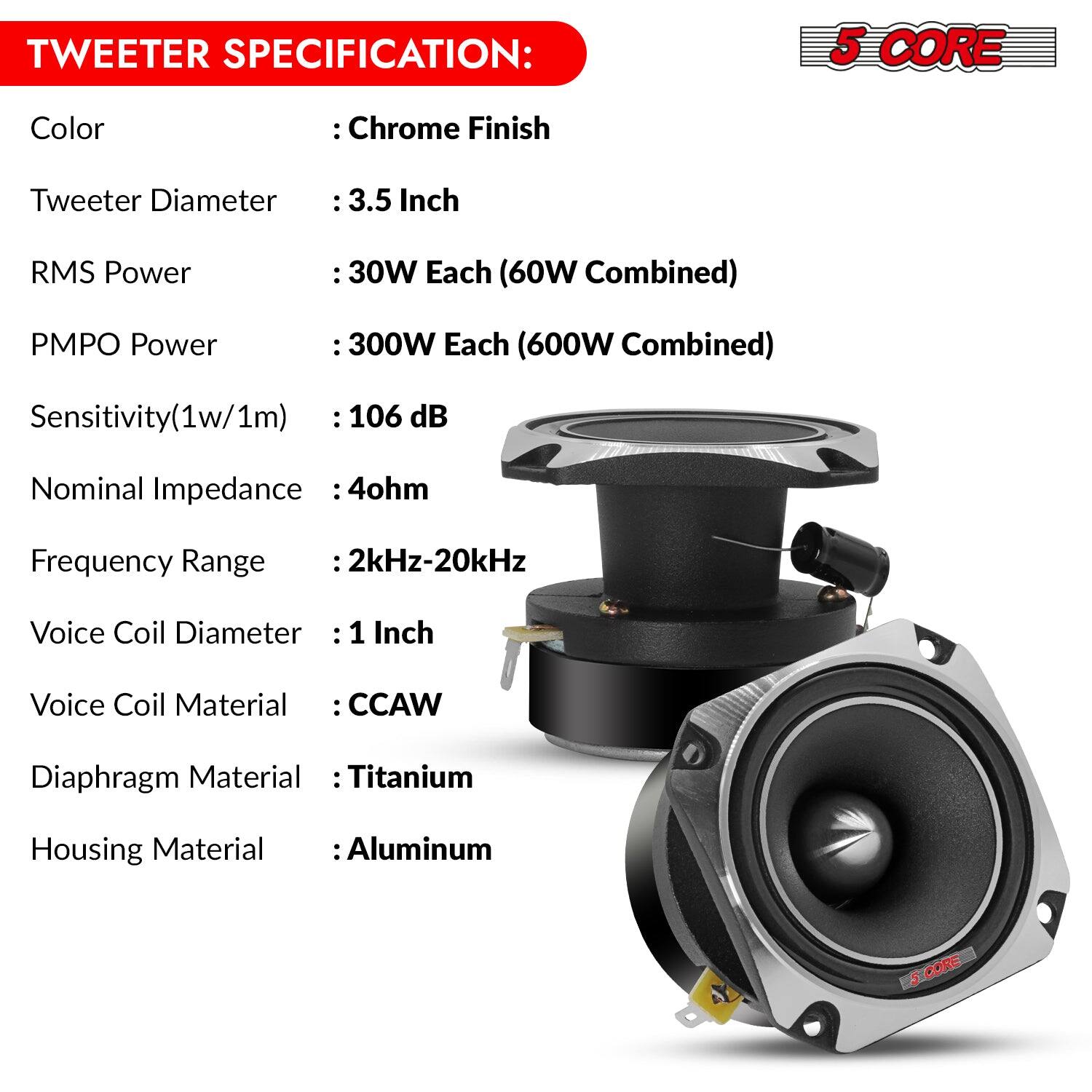 TWEETER SPECIFICATION:
5 CORE
Color : Chrome Finish
Tweeter Diameter : 3.5 Inch
RMS Power : 30W Each (60W Combined)
PMPO Power : 300W Each (600W Combined)
Sensitivity(1w/1m) : 106 dB
Nominal Impedance : 4ohm
Frequency Range : 2kHz-20kHz
Voice Coil Diameter : 1 Inch
Voice Coil Material : CCAW
Diaphragm Material : Titanium
Housing Material : Aluminum