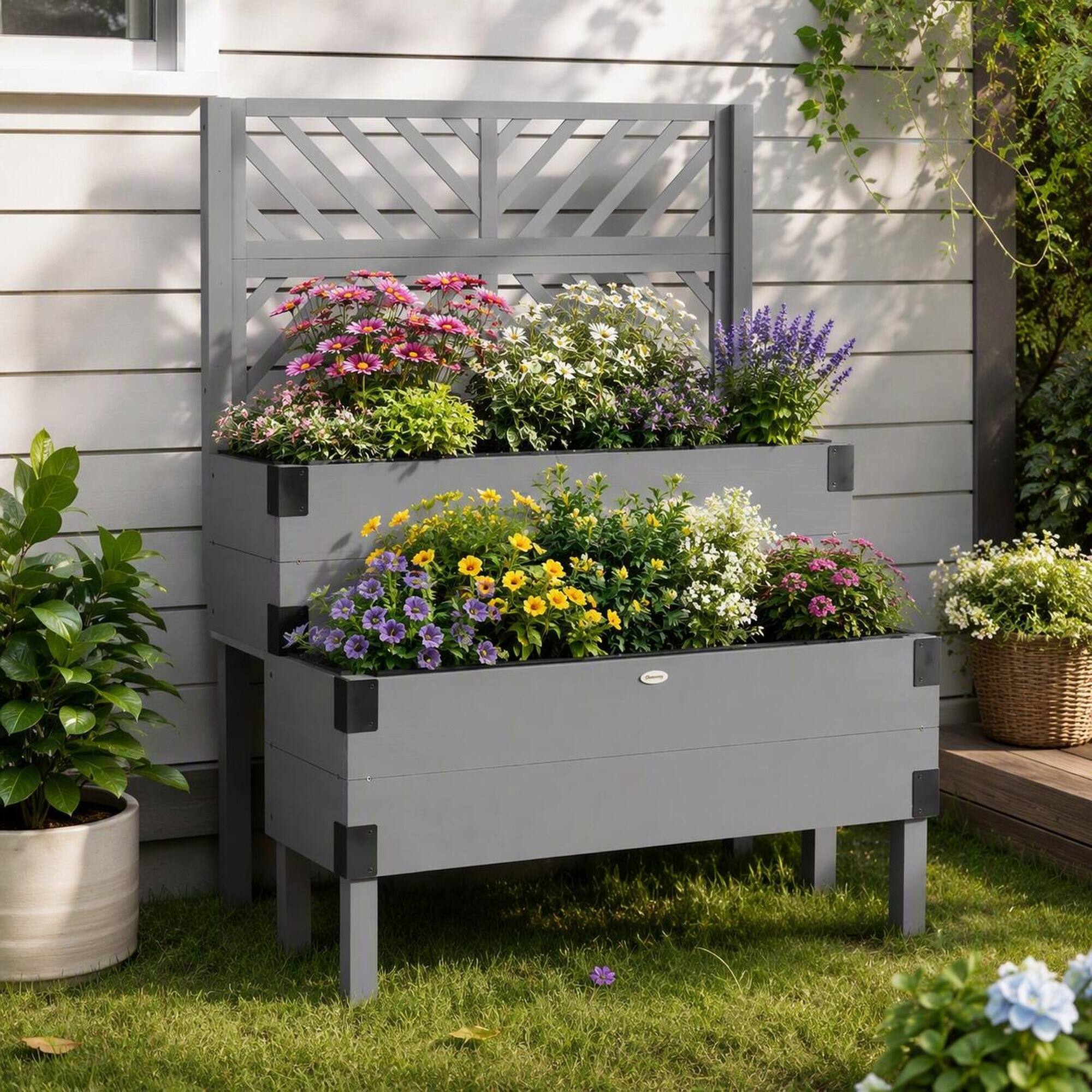 Angle. RYHNUYNE - Outsunny Raised Garden Bed with Trellis, 2 Tier Wooden Elevated Planter Box with Legs, Metal Corners - Gray.