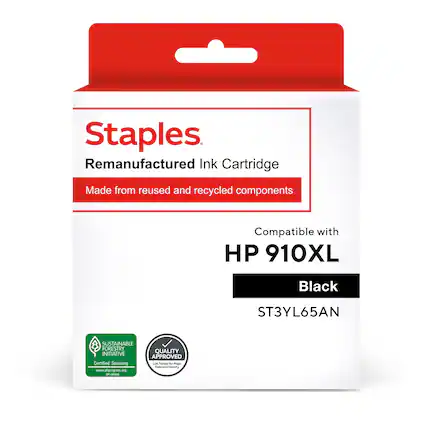 Staples Remanufactured Ink Cartridge Made from reused and recycled components Compatible with HP 910XL Black ST3YL65AN SUSTAINABLE FORESTRY QUALITY INITIATIVE APPROVED Certified Sourcing