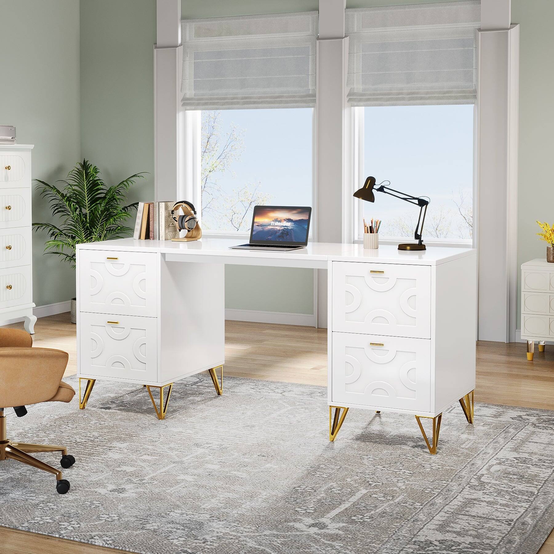 Back. Tribesigns - Office Executive Desk with Engineered Wood Construction, Storage Drawers, for Computer Work and Writing in Home Offices - White.